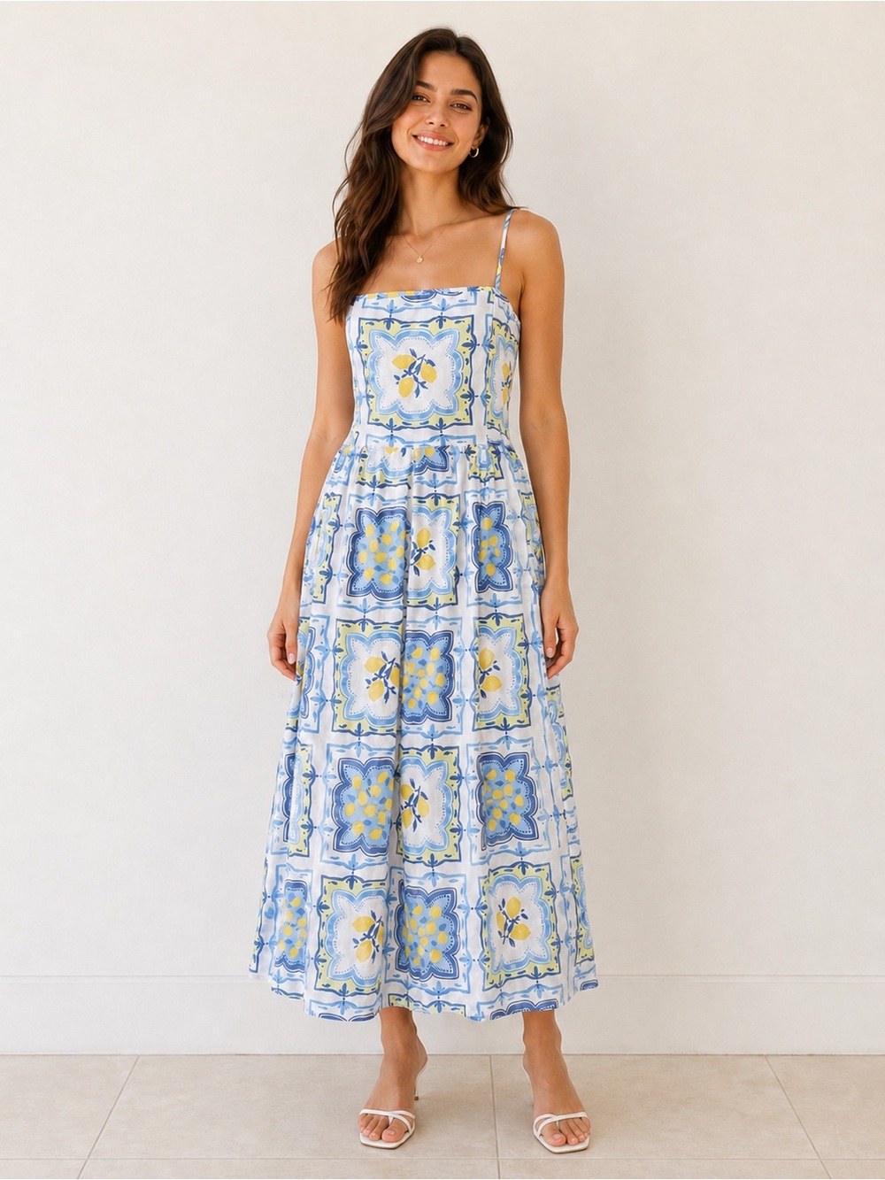LOFT Blue and Yellow Floral Tile Print Maxi Dress